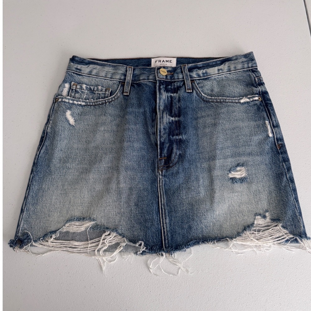 Frame Denim‎ Le Bales Road Distressed Mini Skirt Blue Raw Hem Size 27 cc